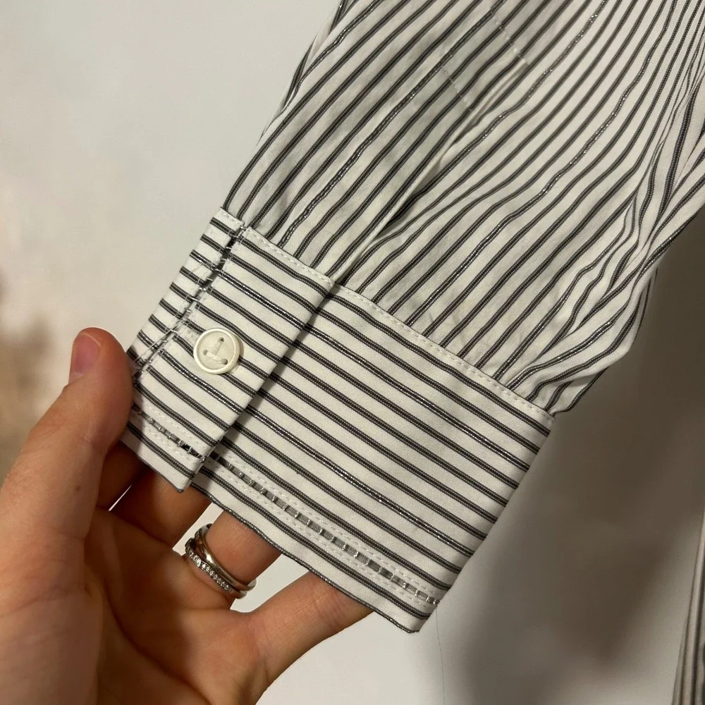 Lafayette 148 New York Striped Metallic Sparkle Cotton Blouse Shirt Large #1R63 - Picture 7 of 9